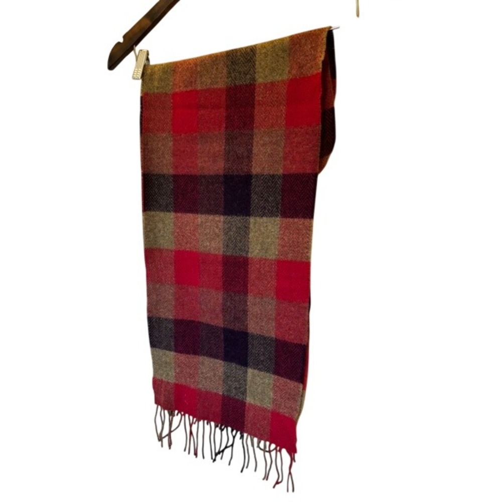 Foxford Ireland 100% Lambswool Plaid Scarf Red Herringbone Tassel Fringe